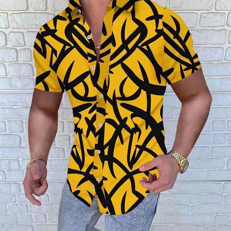 European And American Style Men's Clothing Lapel Print Casual Loose Short Sleeves Shirt