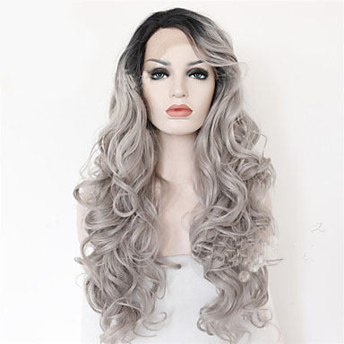 Long Curly Ombre Wig – Grey & Black Two-Tone Synthetic