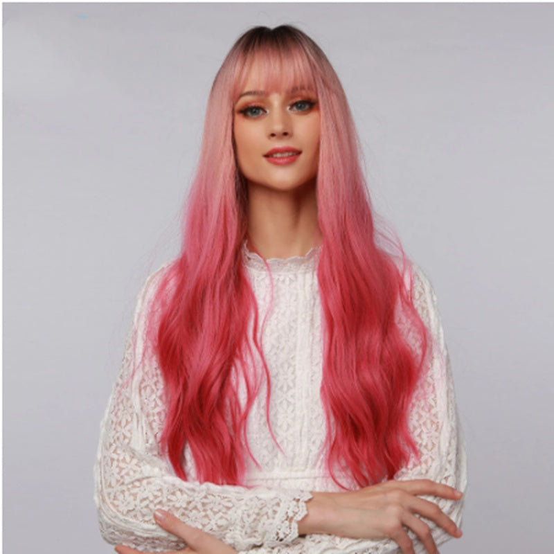Long Curly Wig with Bangs – Fashion Red Synthetic