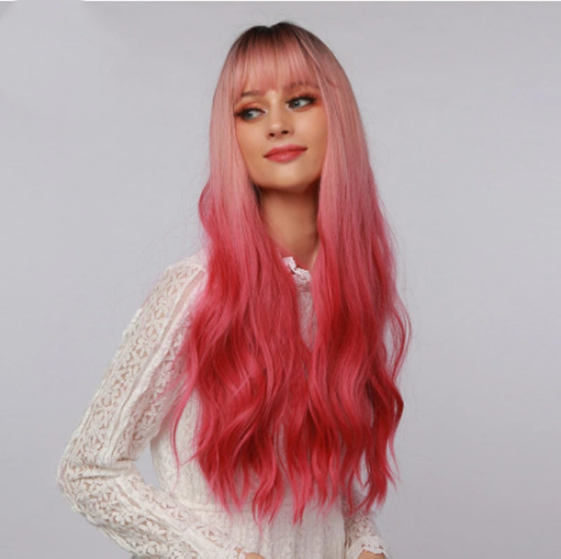 Long Curly Wig with Bangs – Fashion Red Synthetic