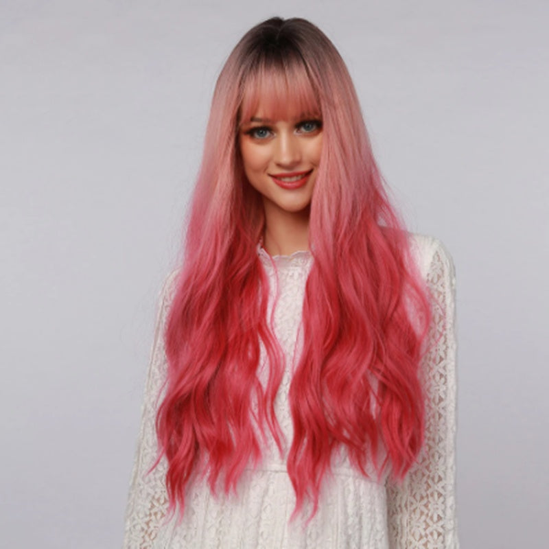 Long Curly Wig with Bangs – Fashion Red Synthetic
