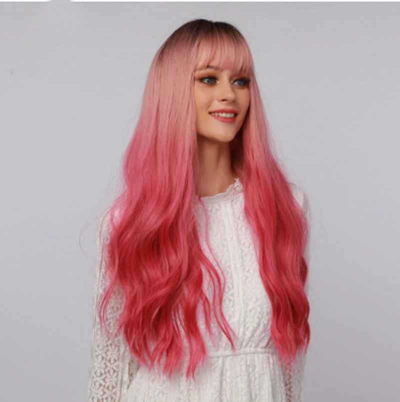 Long Curly Wig with Bangs – Fashion Red Synthetic
