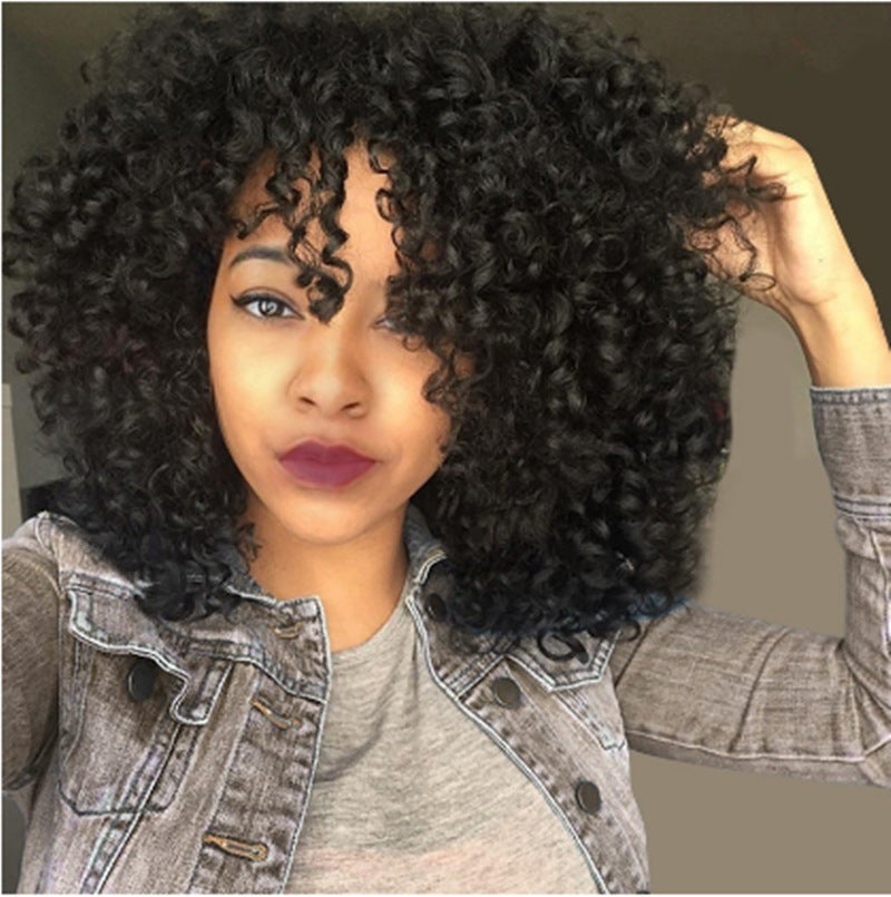 Short Curly Afro Wig with Bangs – Fluffy Black Synthetic