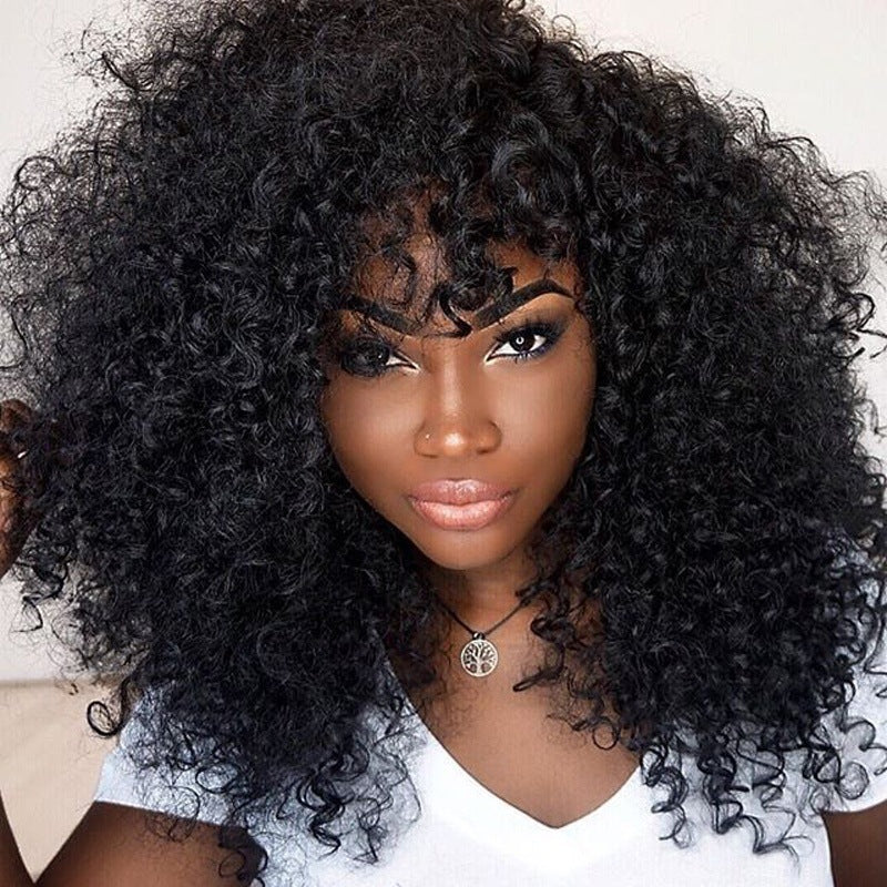Short Curly Afro Wig with Bangs – Fluffy Black Synthetic