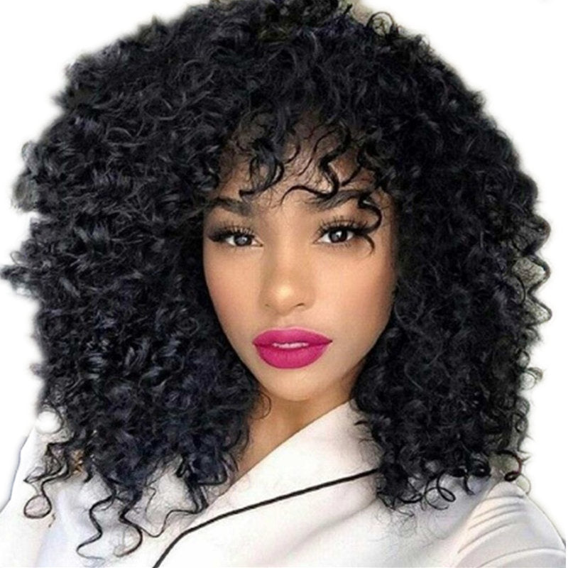 Short Curly Afro Wig with Bangs – Fluffy Black Synthetic