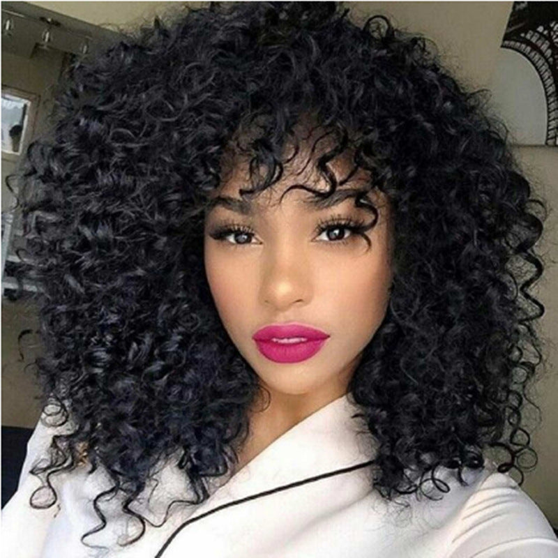 Short Curly Afro Wig with Bangs – Fluffy Black Synthetic