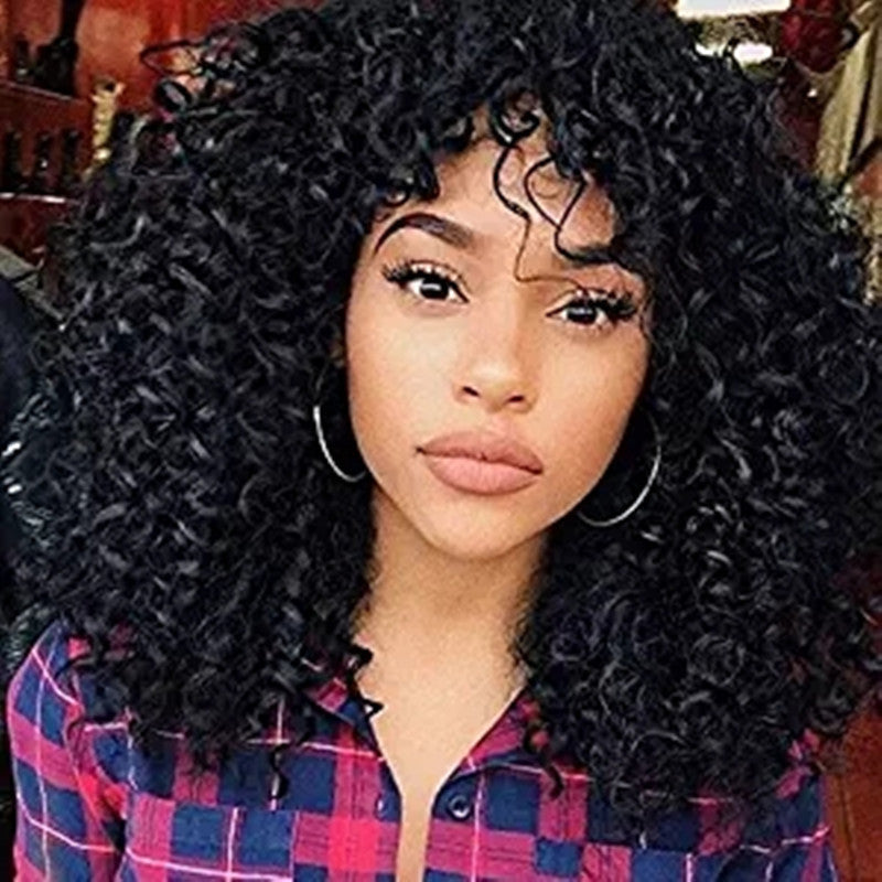 Short Curly Afro Wig with Bangs – Fluffy Black Synthetic