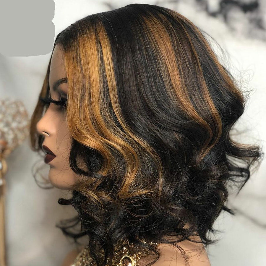 Short Curly Bob Wig – Black & Brown Two-Tone Synthetic