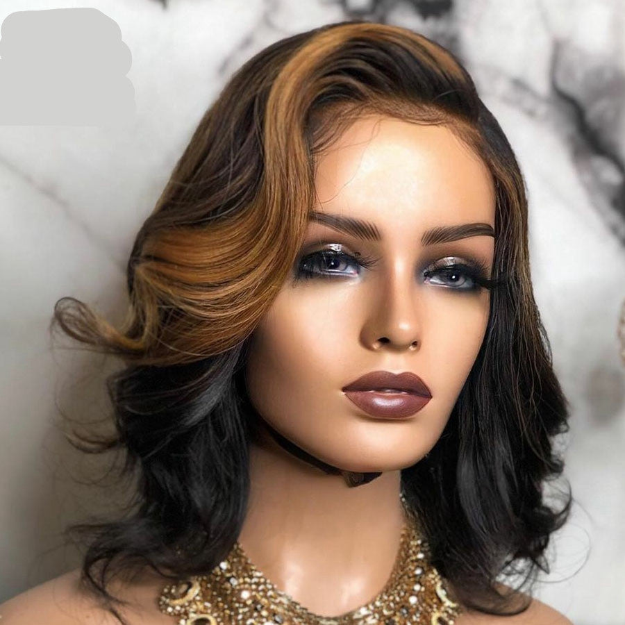 Short Curly Bob Wig – Black & Brown Two-Tone Synthetic