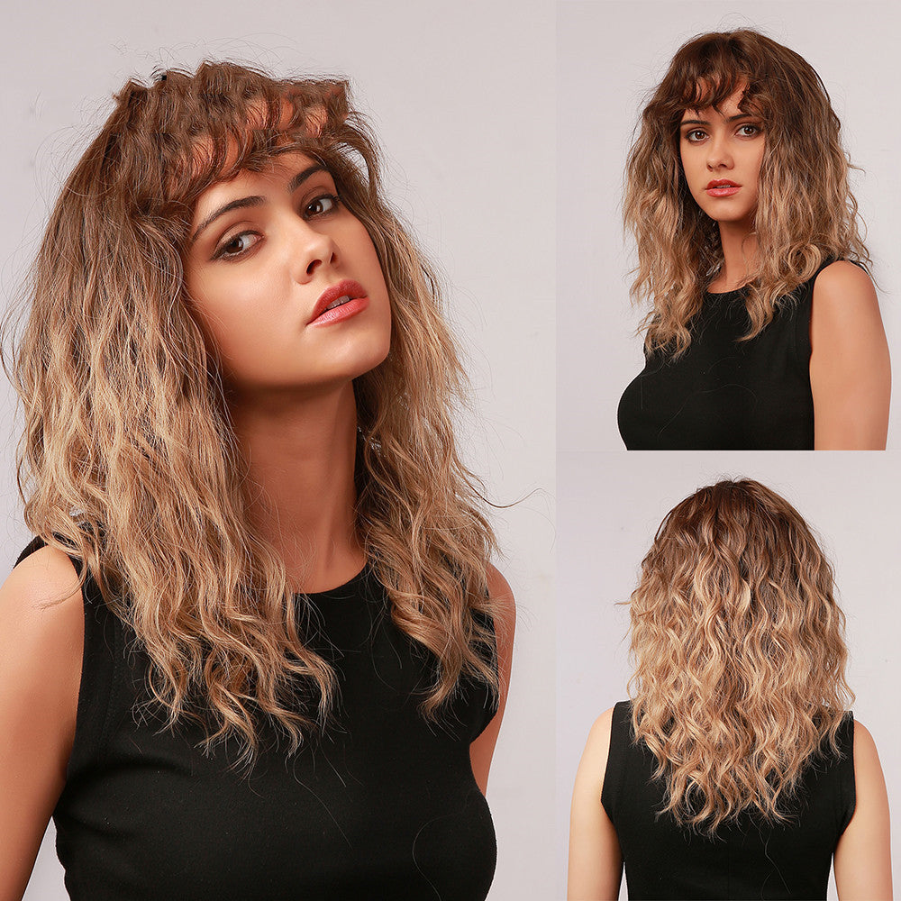Medium Length Curly Ombre Wig – Brown to Blonde Synthetic
