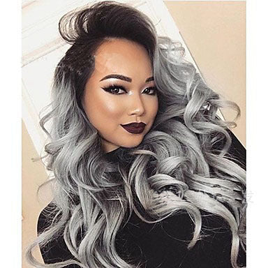 Long Curly Ombre Wig – Grey & Black Two-Tone Synthetic