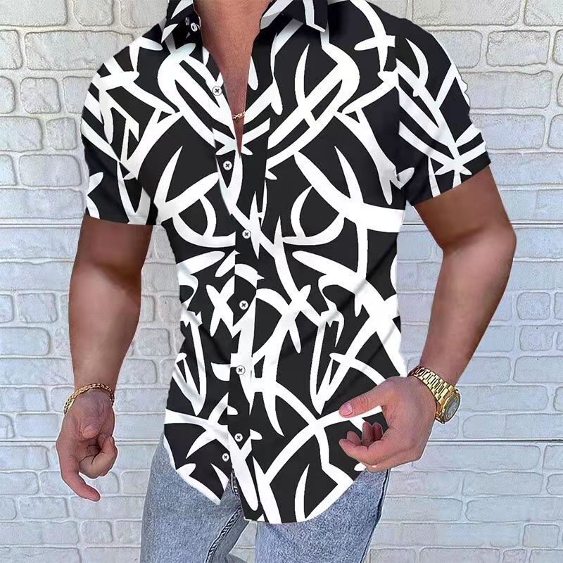 Men's European American Style Geometric Print Lapel Short Sleeve Shirt