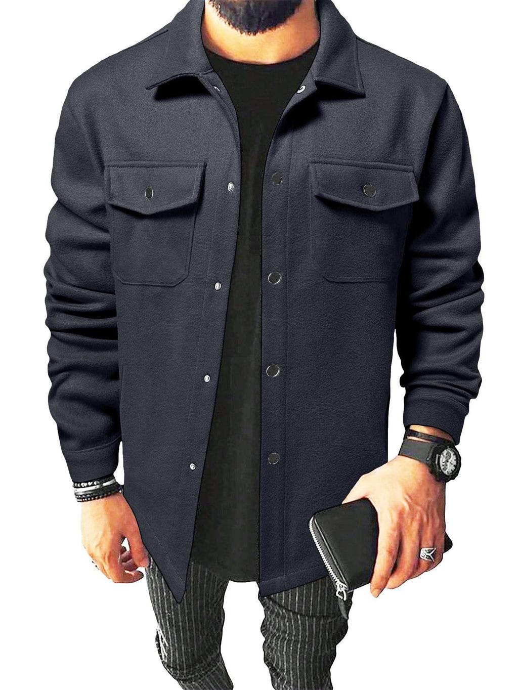 Men's European American Style Brushed Long Sleeve Cardigan Shirt