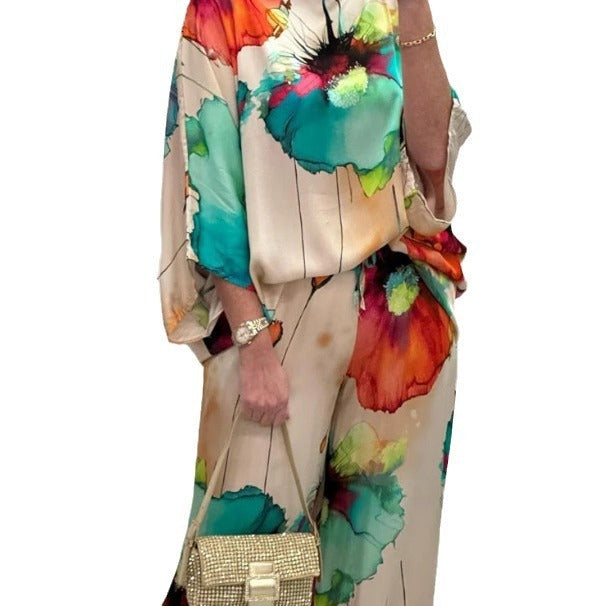 Indian Casual Round Neck Printed Satin Suit