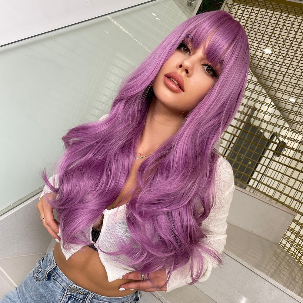 24" Long Curly Wave Wig with Bangs – 5 Colors Synthetic