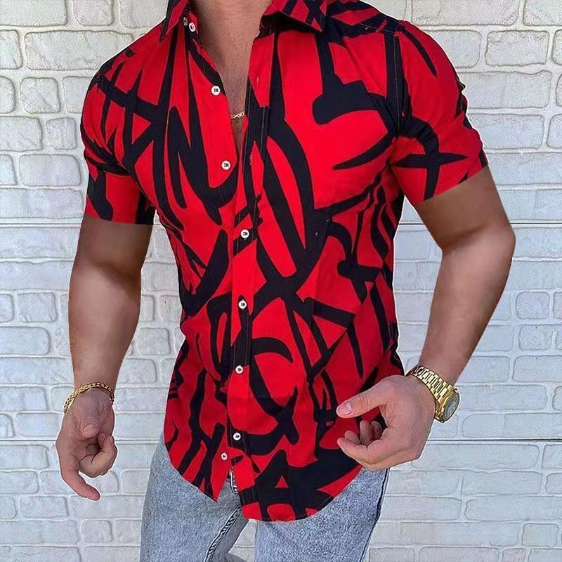 Men's European American Style Geometric Print Lapel Short Sleeve Shirt