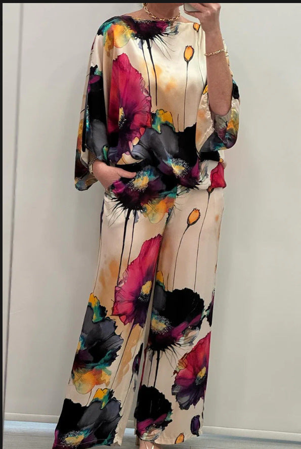 Indian Casual Round Neck Printed Satin Suit