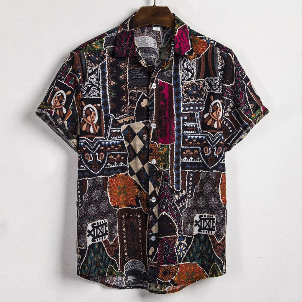 Men's New Summer Fashion Short-sleeved Linen Indian Ethnic Flower Shirt
