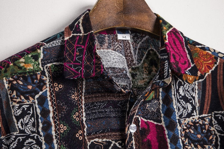 Men's New Summer Fashion Short-sleeved Linen Indian Ethnic Flower Shirt