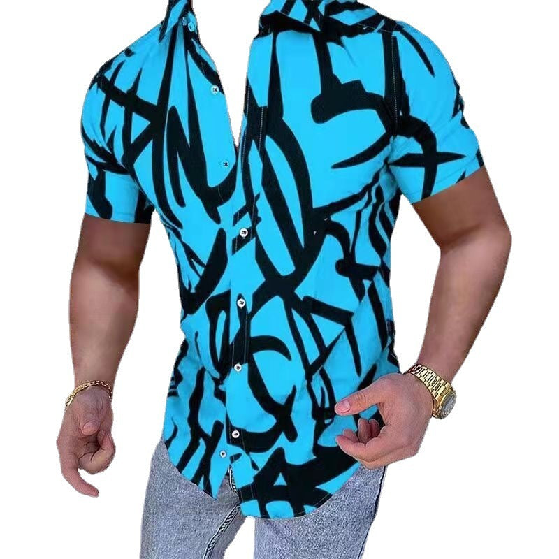 European And American Style Men's Clothing Lapel Print Casual Loose Short Sleeves Shirt