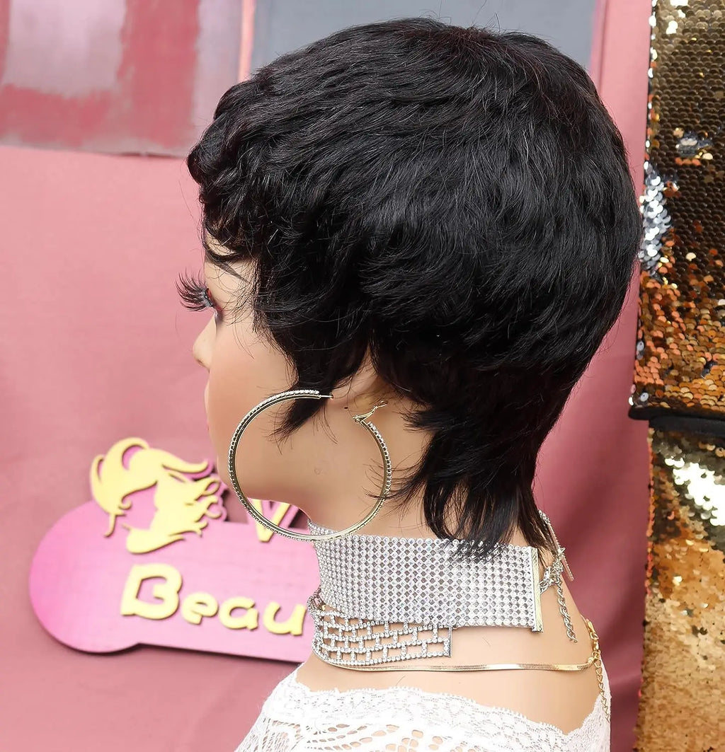Women's short elf style synthetic wig, fashionable wave layered wig with free hairnet
