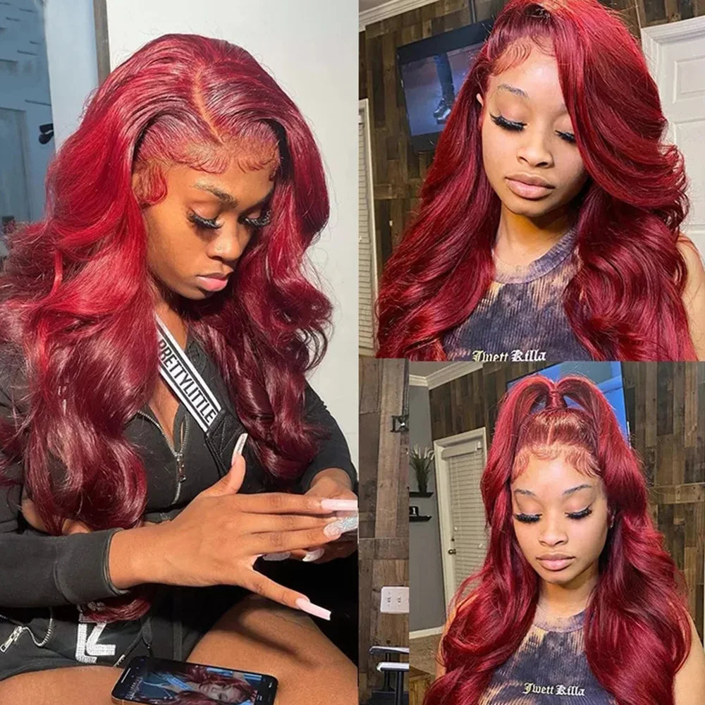 99J Burgundy Deep Wave Full Lace Front Wig – 100% Human Hair