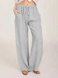 Summer and Autumn Women Cotton Linen Casual Elastic Waist Side Pockets Wide Leg Straight Pants