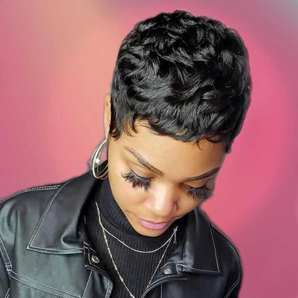 Women's short elf style synthetic wig, fashionable wave layered wig with free hairnet