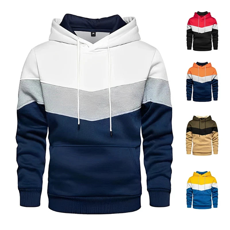 Men's Patchwork Hoodie Outdoor Casual Sportswear Street Fashion Men's Fleece Thermal Hooded Sweatshirt