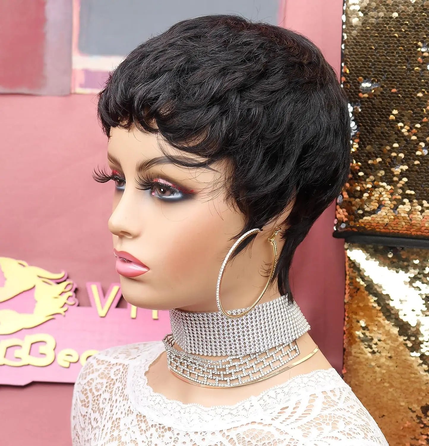 Women's short elf style synthetic wig, fashionable wave layered wig with free hairnet