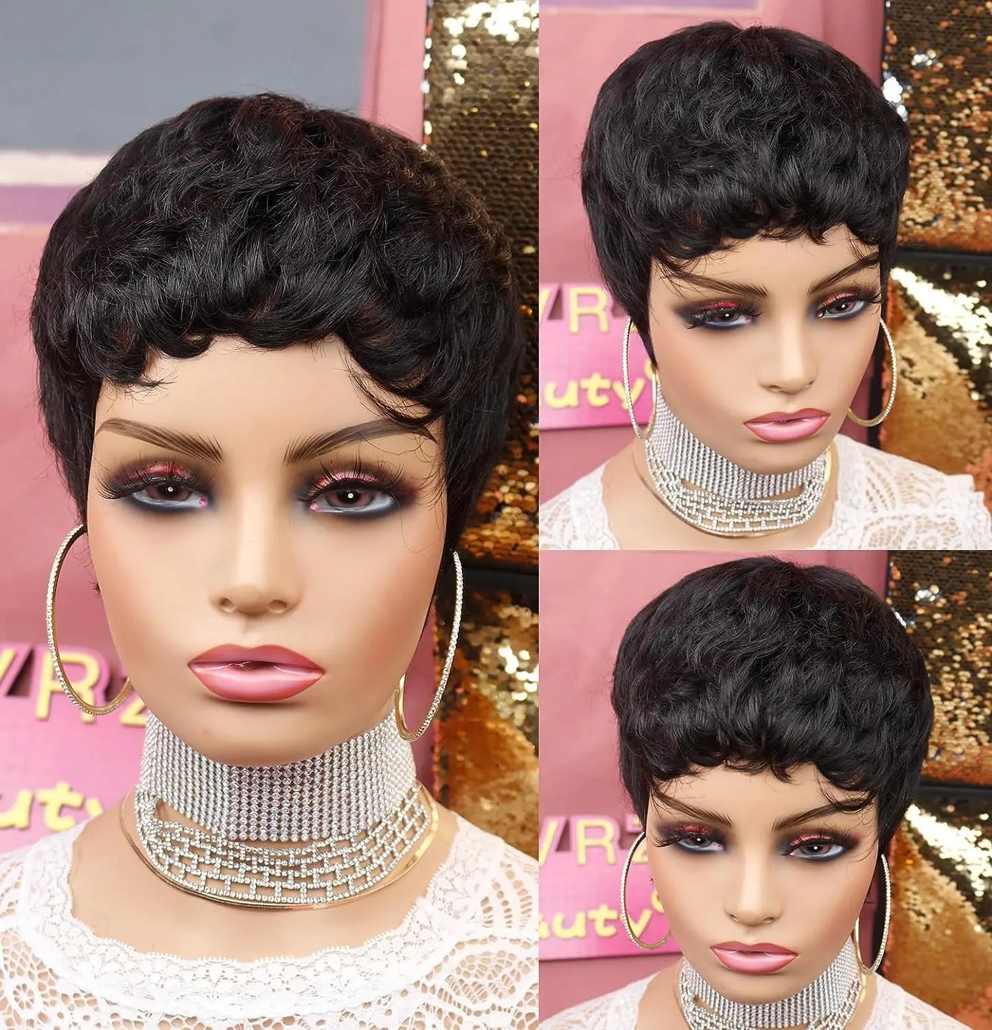 Women's short elf style synthetic wig, fashionable wave layered wig with free hairnet