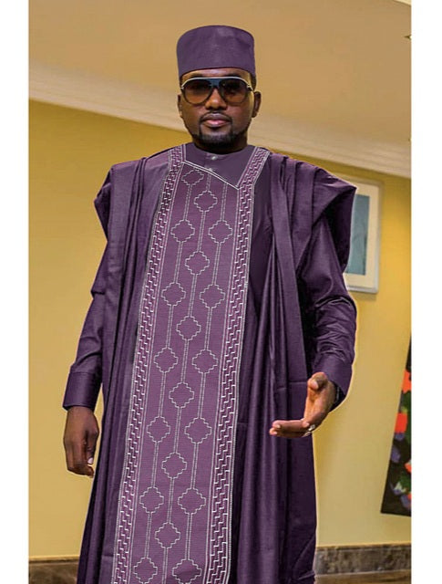African Men Tradition Embroidered Shirt Bazin Robe 3pc Set – A Symbol of Prestige and Style
