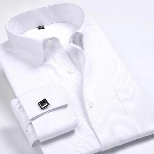 Men's Classic French Cuffs Striped Dress Shirt Single Patch Pocket Standard-fit Long Sleeve Wedding Shirts (Cufflink Included)