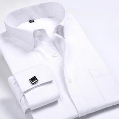 Men's Classic French Cuffs Striped Dress Shirt Single Patch Pocket Standard-fit Long Sleeve Wedding Shirts (Cufflink Included)