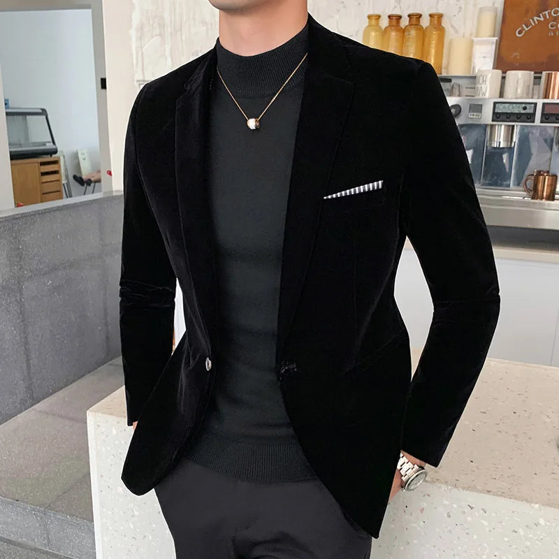 Brand clothing Men Golden velvet slim High quality business Blazers Wedding jacket clothing