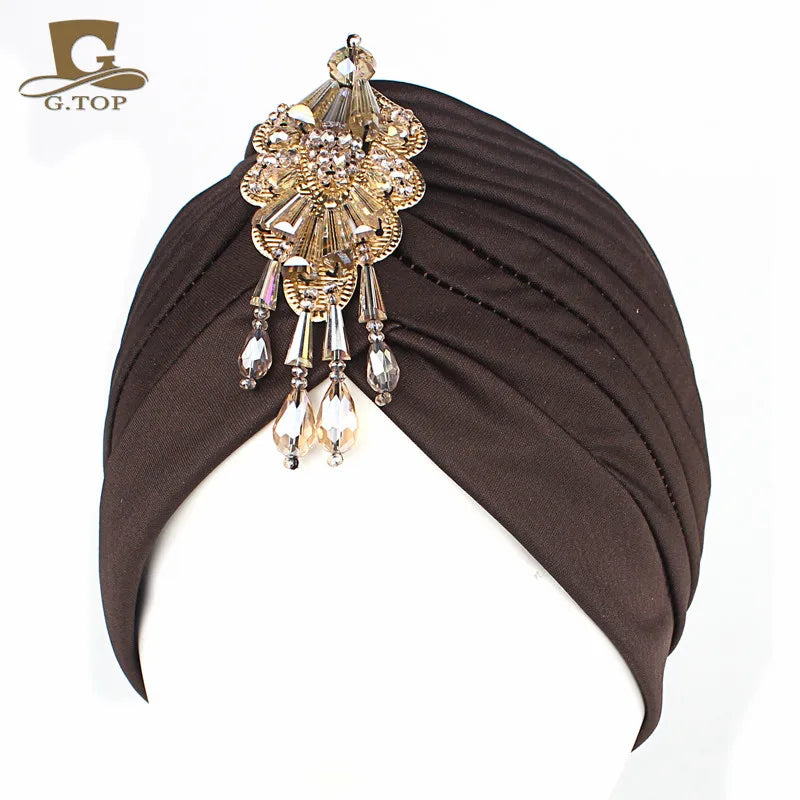 NEW Luxury Divas Stretchable turban Head wrap hat with beaded pendant women Headwear
