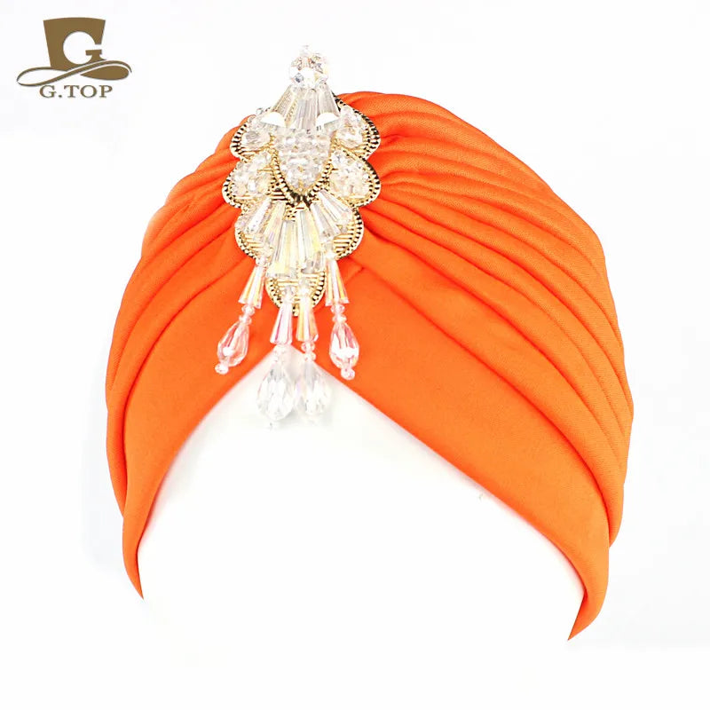 NEW Luxury Divas Stretchable turban Head wrap hat with beaded pendant women Headwear
