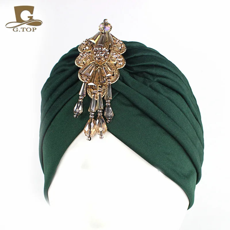 NEW Luxury Divas Stretchable turban Head wrap hat with beaded pendant women Headwear