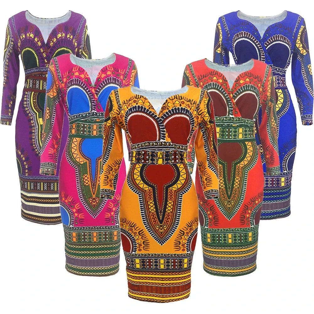 African Women Dashiki Print Tribal Ethnic Fashion V-neck Casual Dress