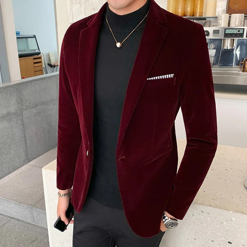 Brand clothing Men Golden velvet slim High quality business Blazers Wedding jacket clothing