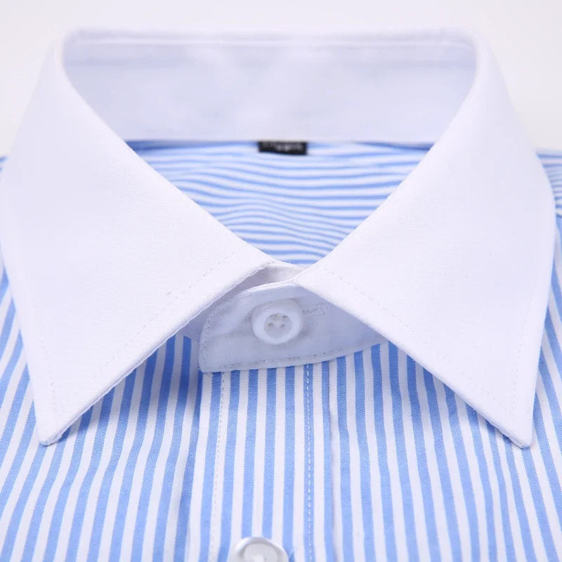 Men's Classic French Cuffs Striped Dress Shirt Single Patch Pocket Standard-fit Long Sleeve Wedding Shirts (Cufflink Included)