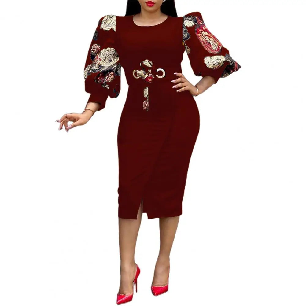 Women Elegant Bodycon Dresses O Neck Three Quater Sleeves High Waist Office Ladies Work Wear Package Hip African Fashion Spring