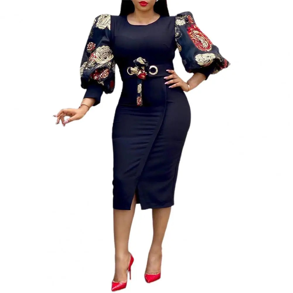 Women Elegant Bodycon Dresses O Neck Three Quater Sleeves High Waist Office Ladies Work Wear Package Hip African Fashion Spring
