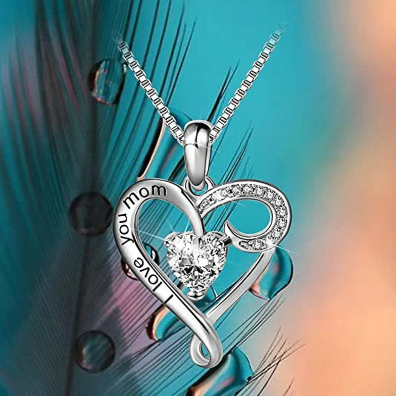  I Love You Mom Heart Shape Crystal Pendant Necklace – Elegant Gift for Mom