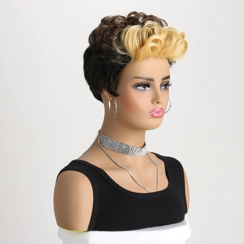Synthetic Short Pixie Cut Wig with Wavy Bangs Mixed Black Brown 2 Tones Hair Wigs for Women Wavy Haircuts