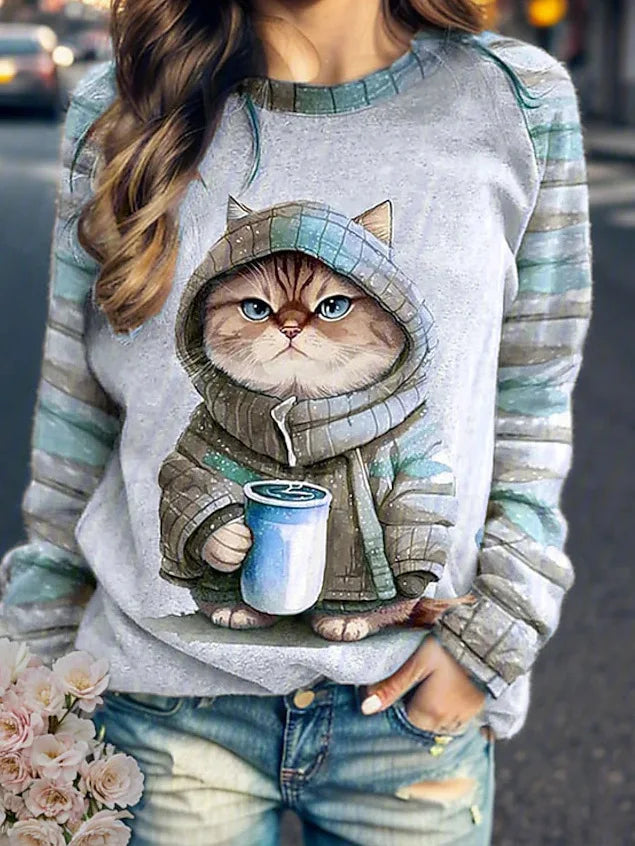 Women's round neck hoodie animal cat 3D printed shoulder style autumn and winter European and American T-shirt women's clothing