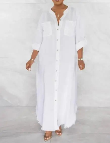 Dresses Loose Solid Color Long Sleeve Single Breasted Half Open Collar Fringe Dress European & American Fashion Women's Clothing