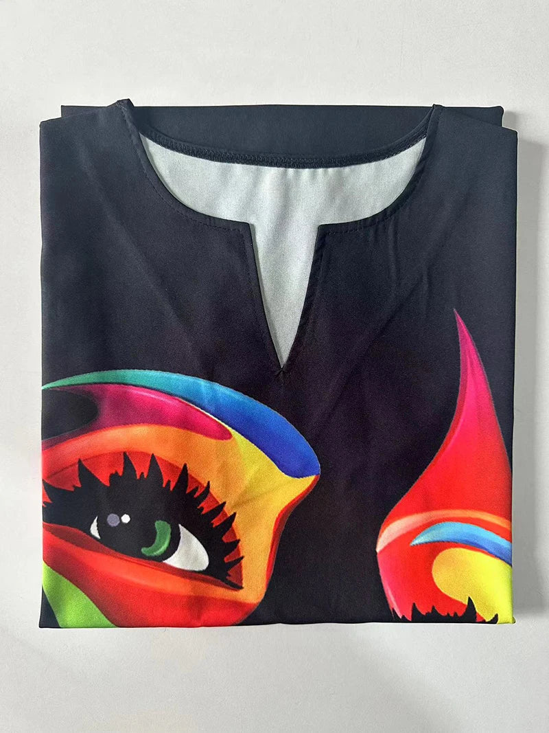 European and American Cross-border WOMEN'S V-neck Sleeveless Printed Hem Dress Medium Length