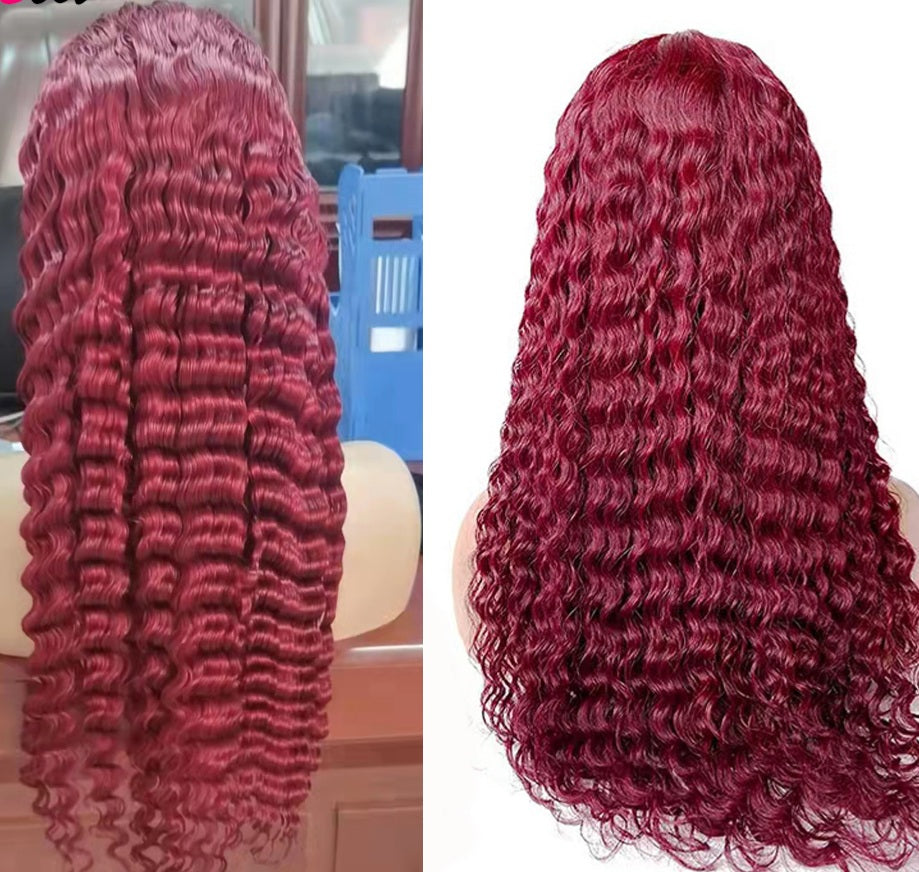 99J Burgundy Deep Wave Full Lace Front Wig – 100% Human Hair