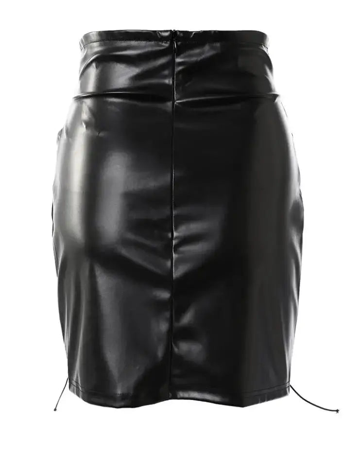 New High Waist Sexy Pu Leather Mesh Lace Up Tight Wrap Hip Half Mini Short Skirt